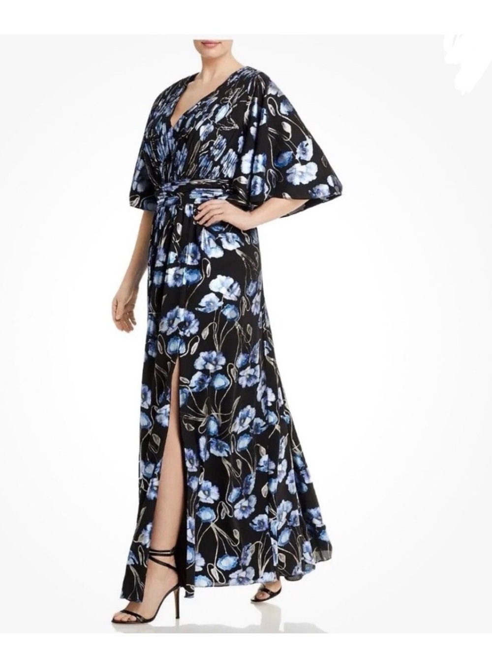 NWT Adrianna Papell Dress Gown Black Floral Metallic Short Sleeves Size U.S. 16W